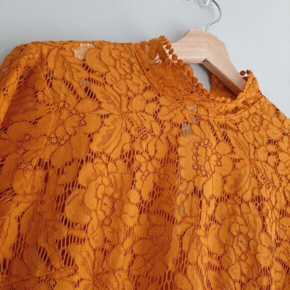 H&M / Floral Lace Pom-Pom Trim Long Sleeve Knee Length Dress Mustard Yellow Sz S - Picture 9 of 16